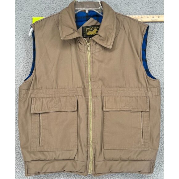 VTG Branded Lion Men's Brown Vest Pockets Insulated Blue Plaid Liners Size L - Picture 1 of 15